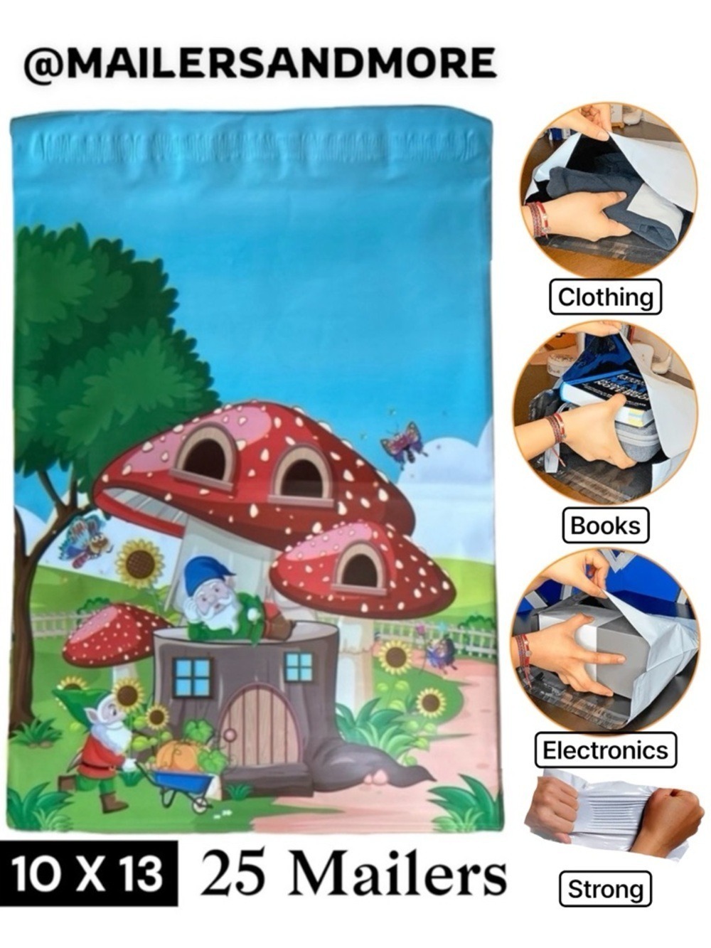 25 10X13 Poly Mailers Gnome Mushroom House, Shipping Envelopes PRICE IS FIRM - Picture 3 of 8